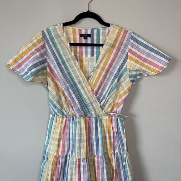 J. Crew Faux-Wrap Rainbow Gingham Cotton Tiered Midi Dress 10 Colorful Fun Retro - Picture 4 of 9
